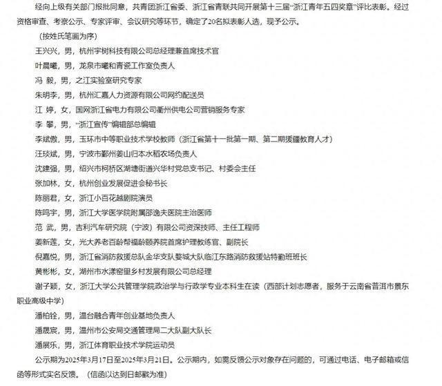 潘展乐等20人拟表彰